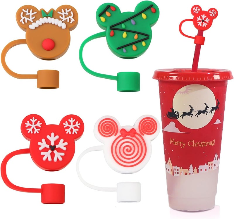DREMISI 4 Pcs Mouse Head Silicone Straw Tips Cover, Cute Christmas Topper Reusable Drinking Caps Lids, Dust-proof Plugs Protectors for 6-8 mm Straws - Image 1